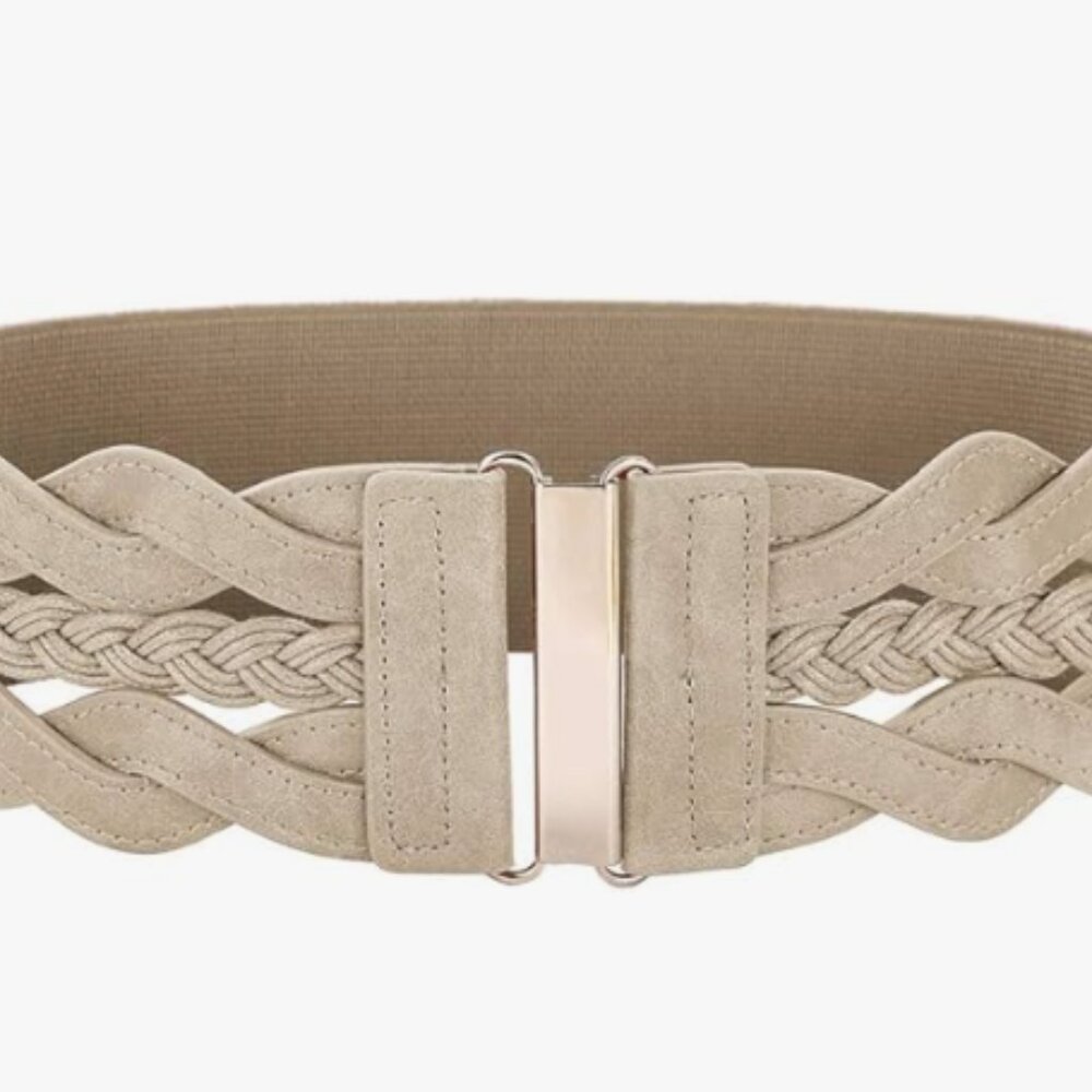 NWT Women’s Beige Elastic Waist Belt with Braided Detail & Gold Tone Clasp